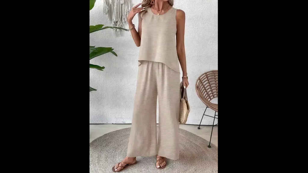 Crochet Back Sleeveless Top and Wide Leg Pants Summer Set
