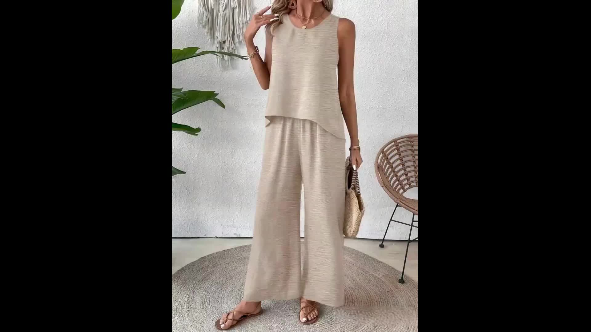 Crochet Back Sleeveless Top and Wide Leg Pants Summer Set