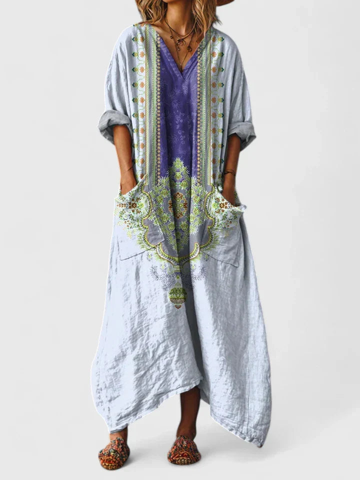 Paisley Print V Neck Patch Pocket Oversized Boho Maxi Dress