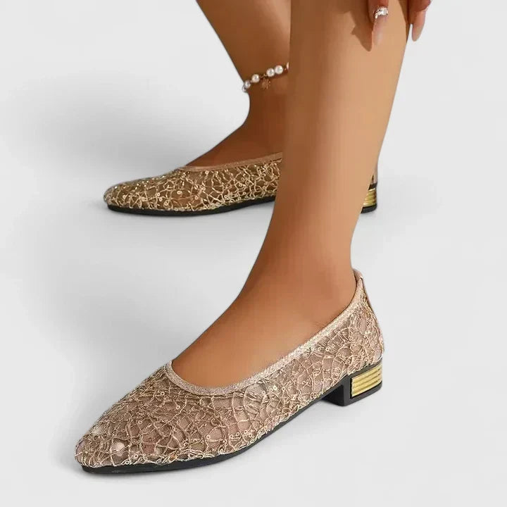 Sequin Lace Mesh Pointed Toe Gold Heel Ballet Flat