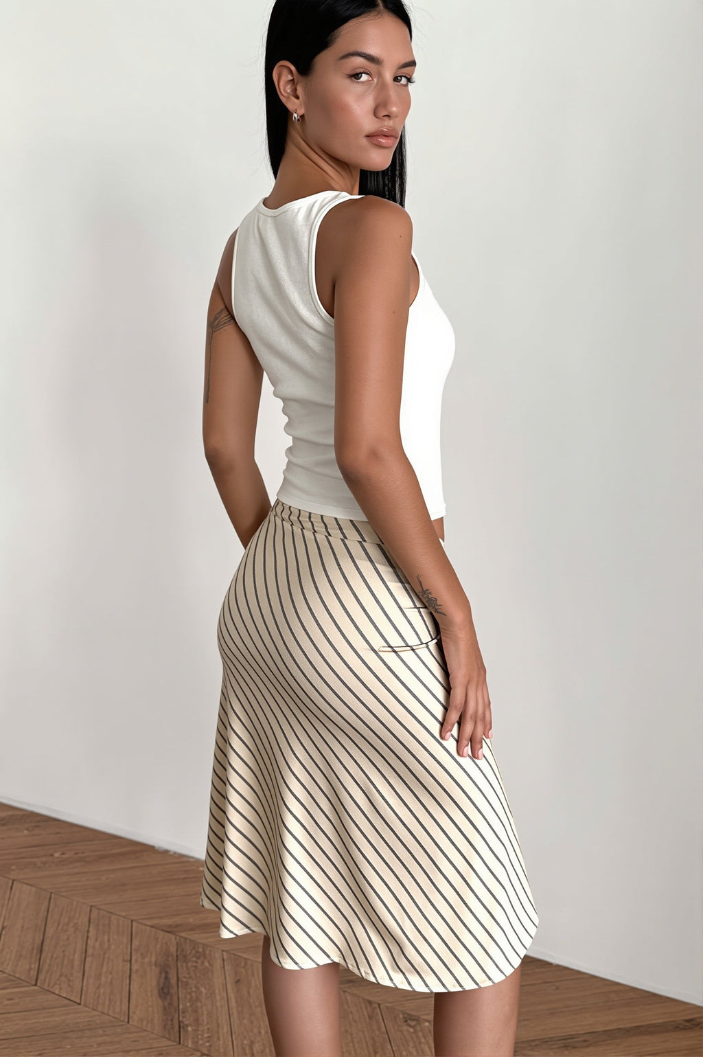 Elegant Striped Irregular Midi Skirt