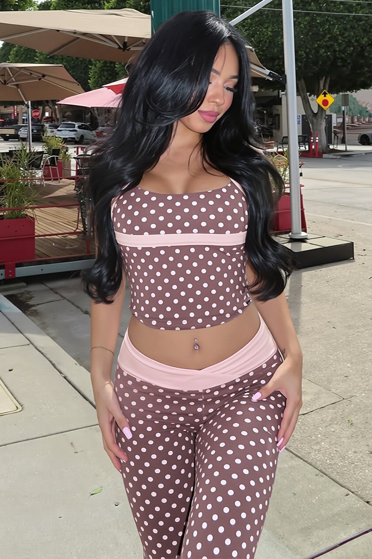 Woman wearing Polka Tank and Low-Rise Pants Set from Hicosy — view 4