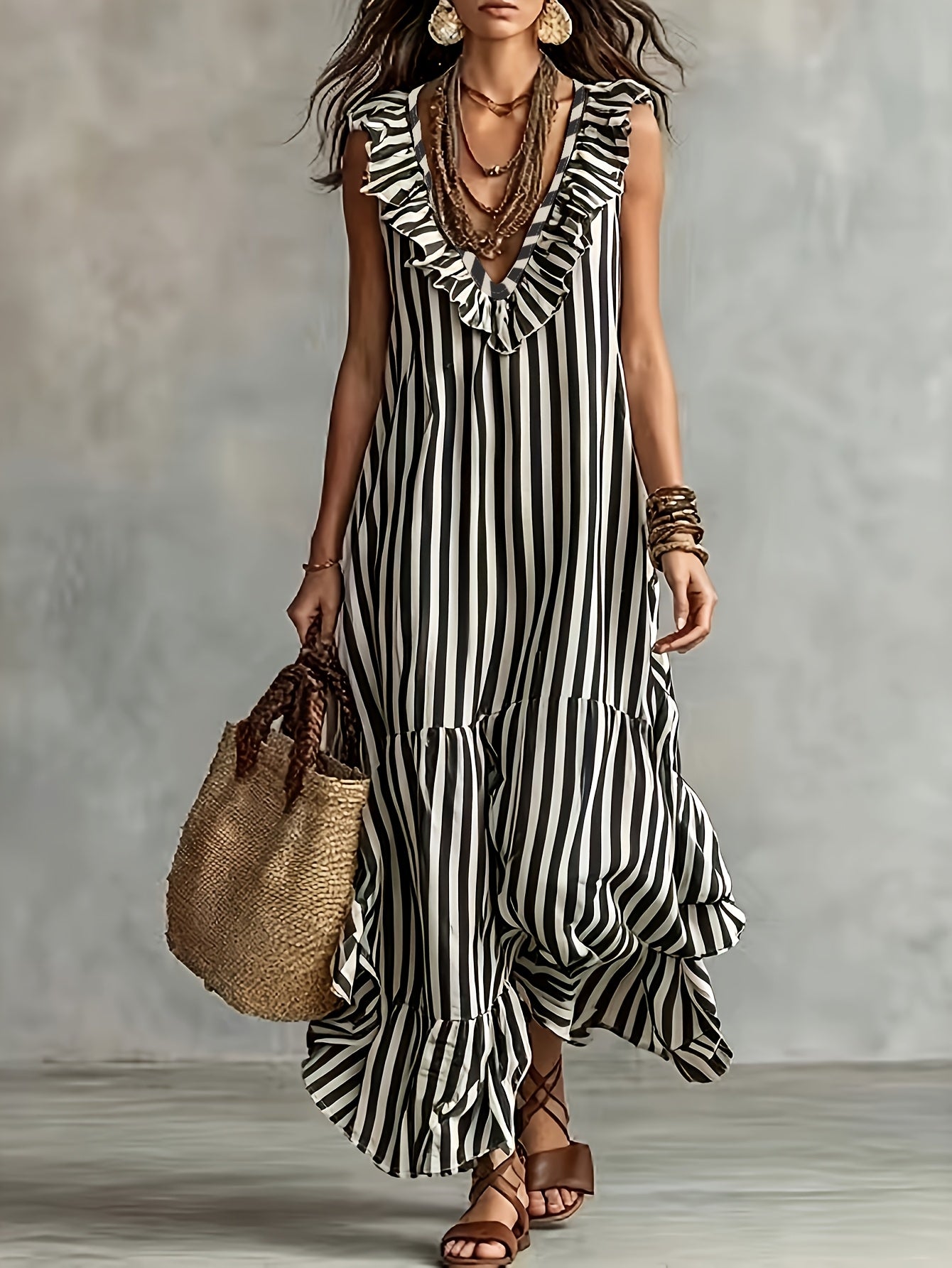 Striped Ruffled V Neck Boho Maxi Dress for Vacation
