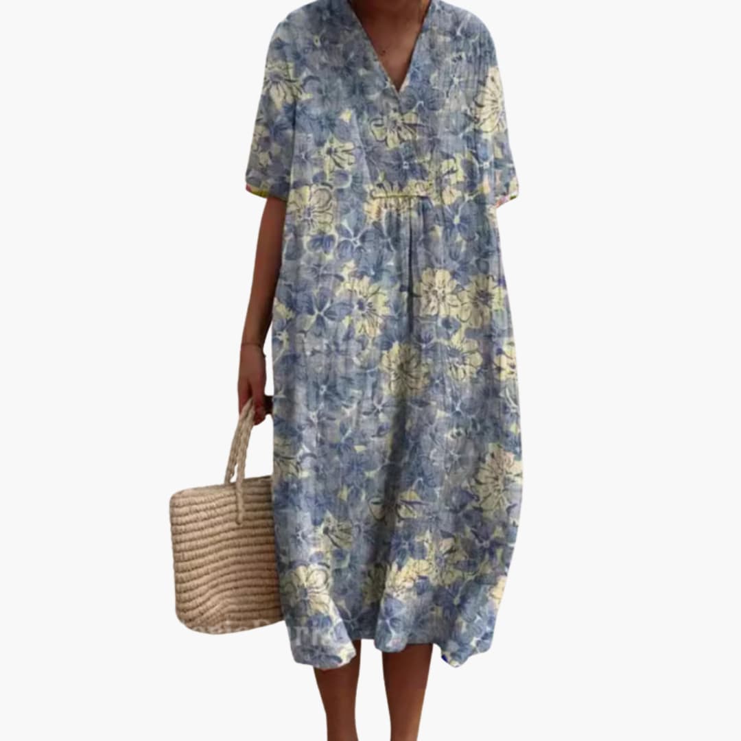 Floral V Neck Short Sleeve Oversized Casual Midi Dress