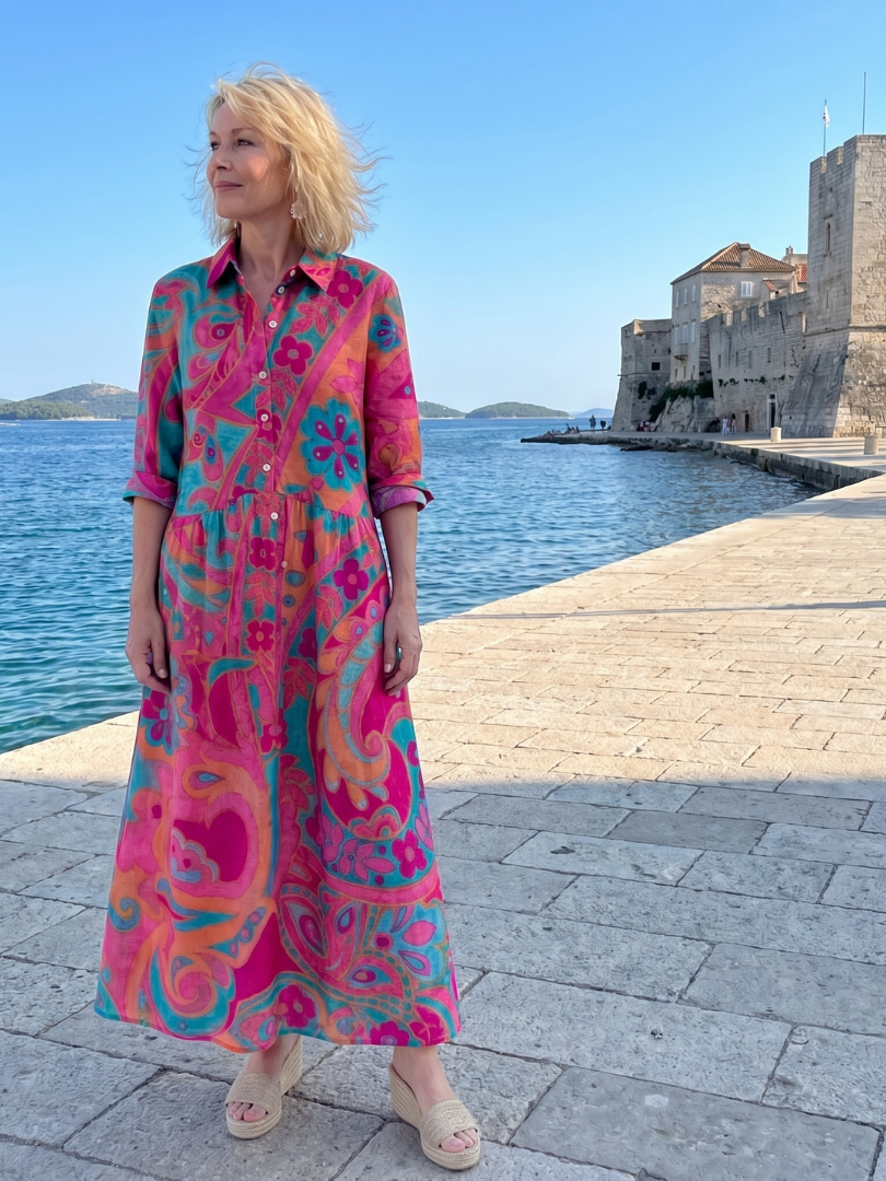 Paisley Print Button Front Collared 3/4 Sleeve Shirt Maxi Dress