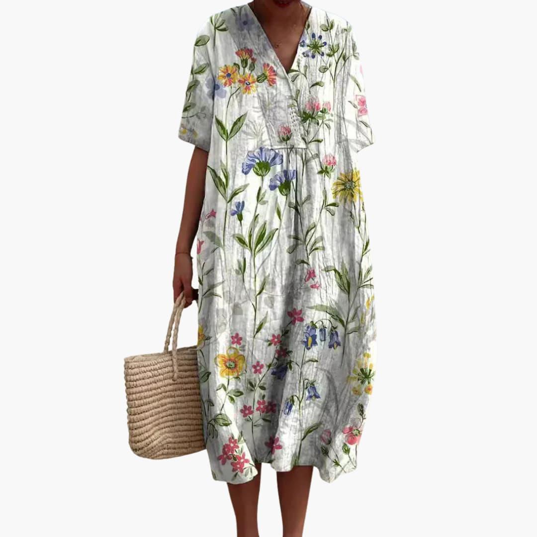 Floral V Neck Short Sleeve Oversized Casual Midi Dress