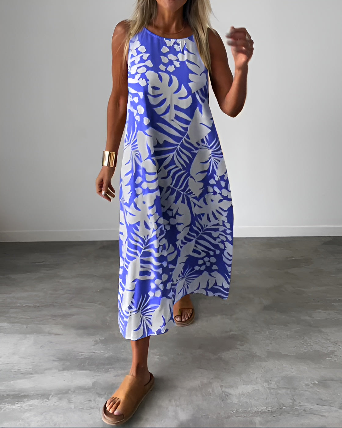 Tropical Leaf Print Halter Neck Sleeveless Swing Casual Maxi Dress
