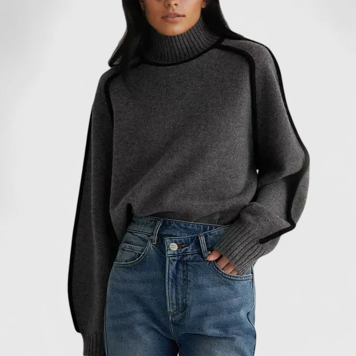 Elizandraa | Women's Batwing Turtleneck Sweater with Contrast Piping