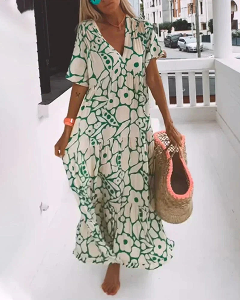 Floral Flutter Sleeve V Neck Tiered Flowy Maxi Dress