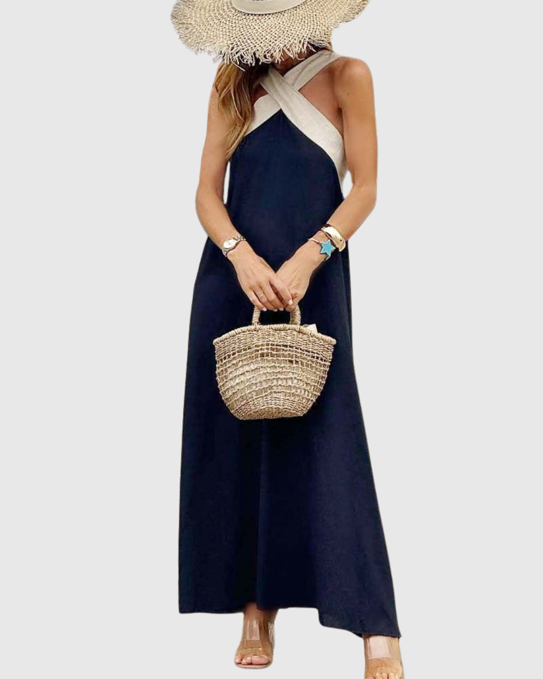 Colorblock Cross Halter Neck Sleeveless Flowy Maxi Dress
