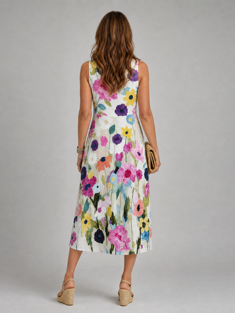 Floral Print Round Neck Sleeveless A Line Midi Dress