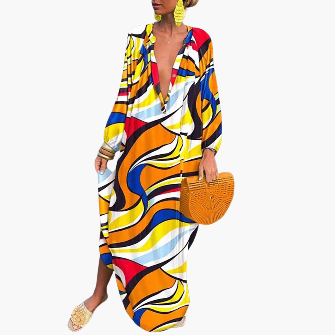 Abstract Print Deep V-Neck Oversized Beach Maxi Dress