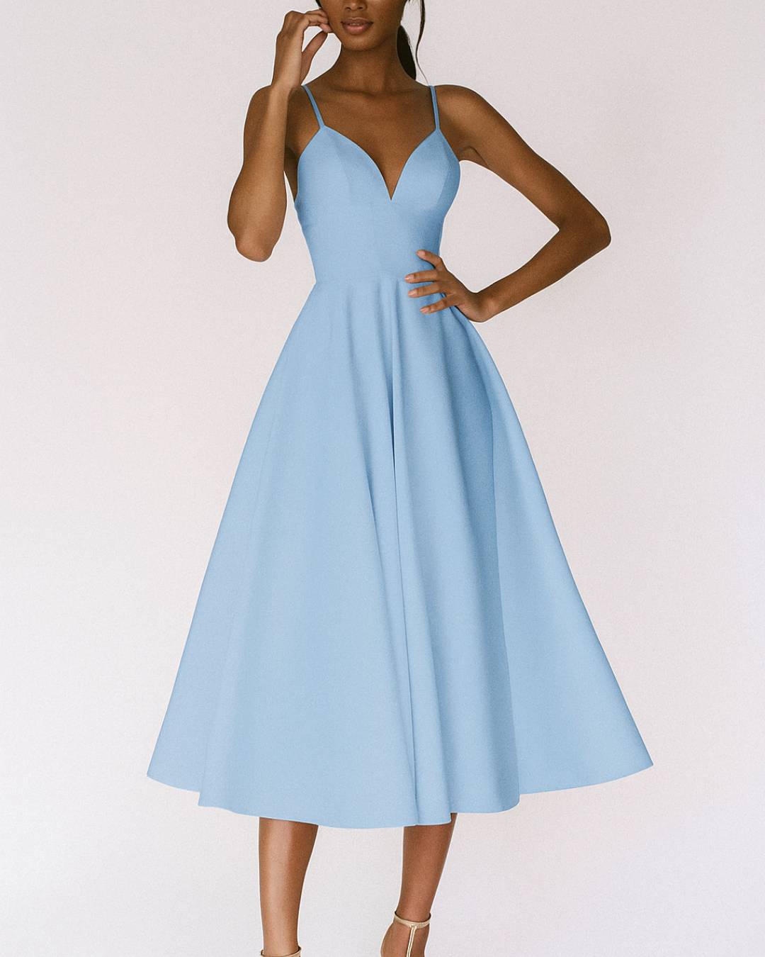 Double Spaghetti Strap Deep V Neck Full Skirt A Line Midi Dress - Formal Evening Gown
