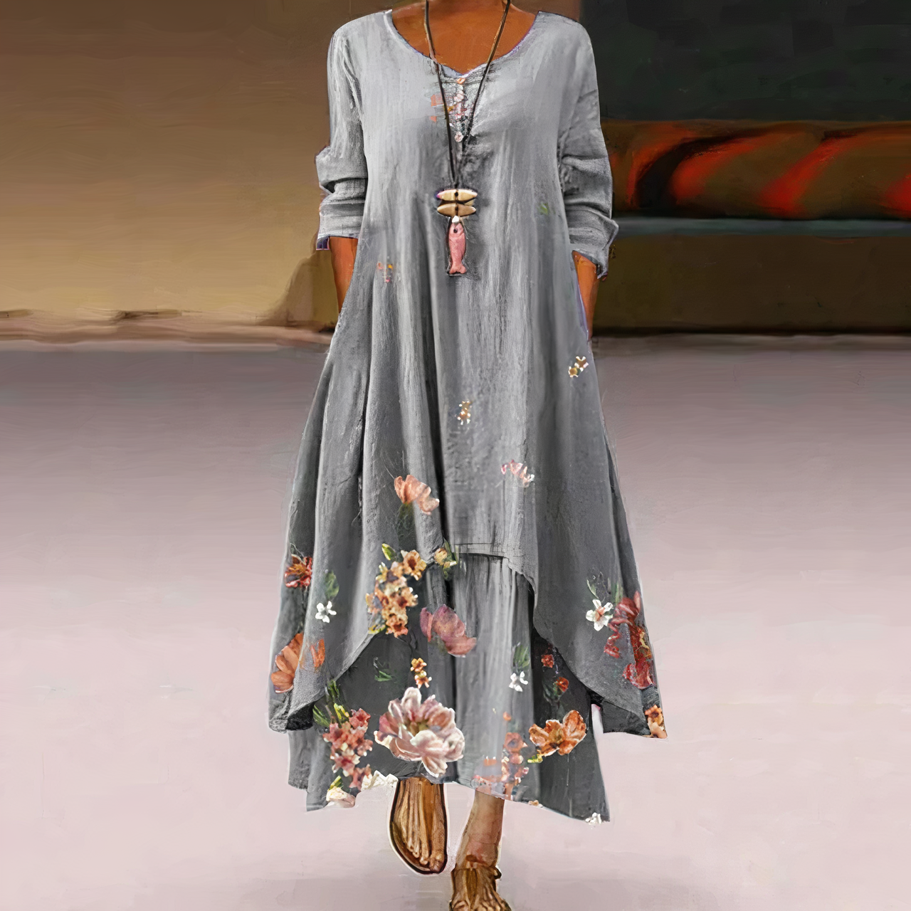 Floral Border Print Long Sleeve Oversized Maxi Dress