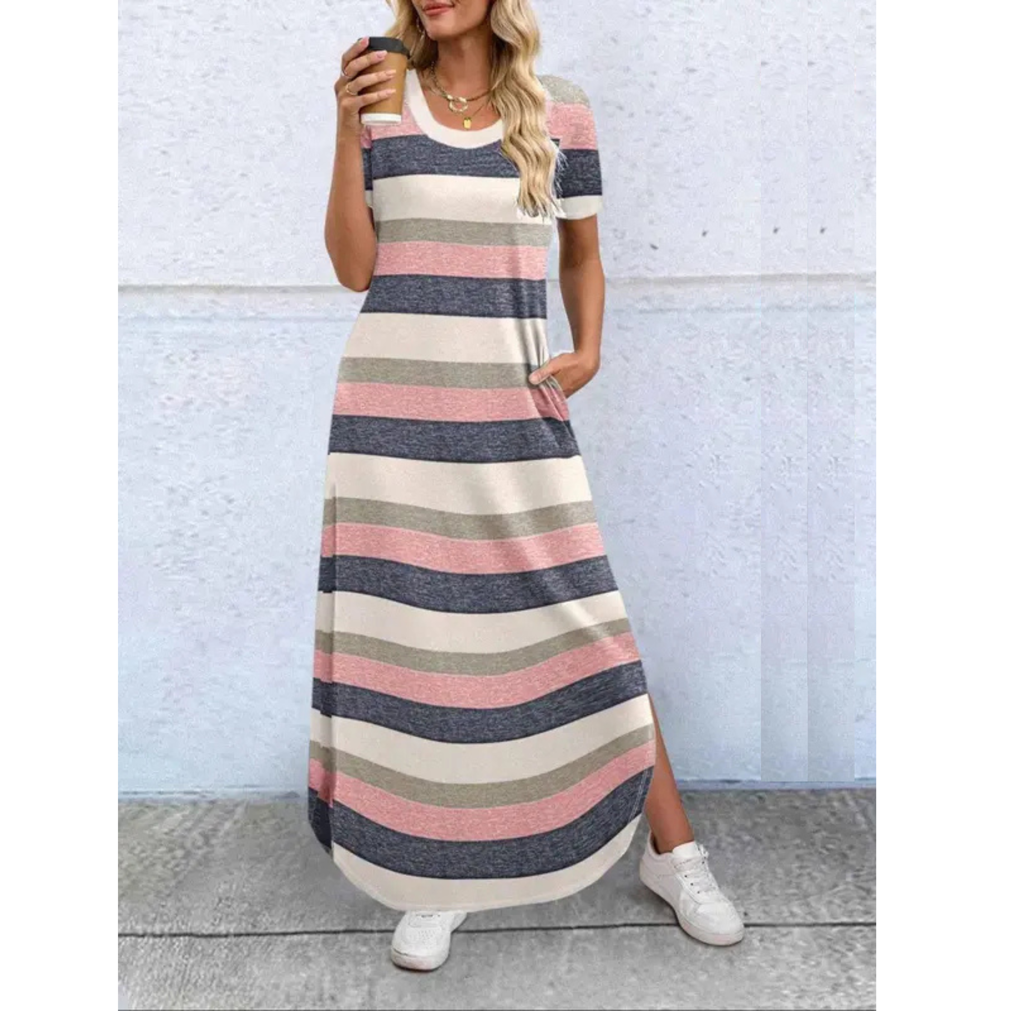 Short Sleeve Scoop Neck Side Split Pocket Casual Maxi Dress