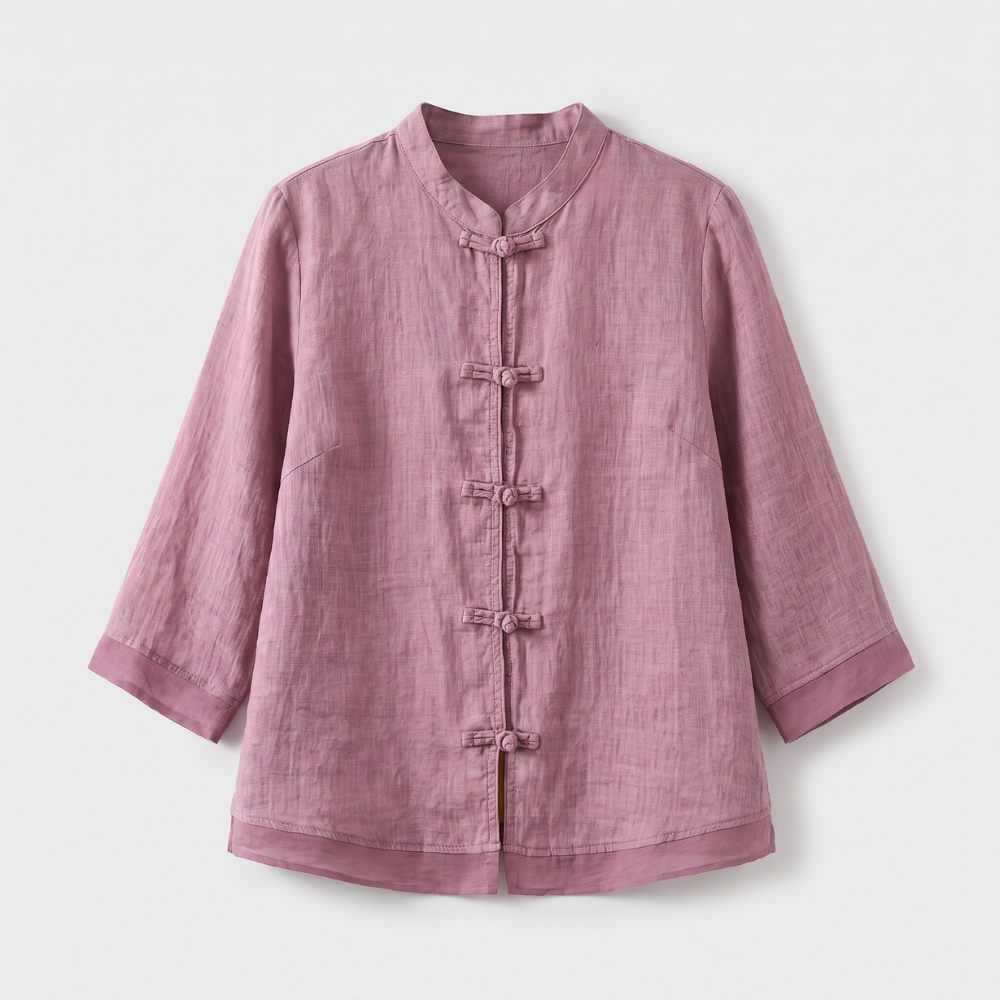 Mandarin Collar Frog Button Linen Blouse for Casual Style