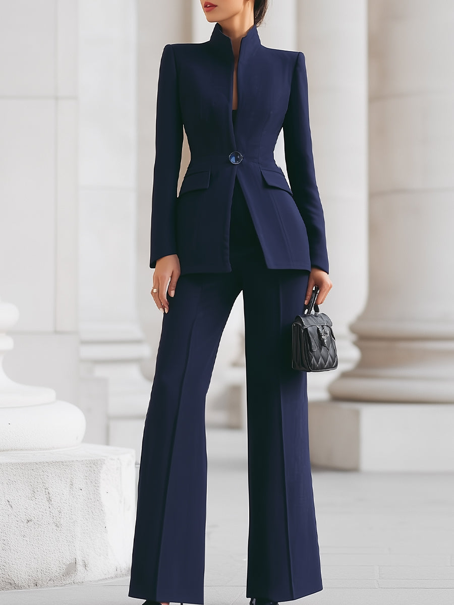 Stand Collar Single Button Fitted Blazer and Flare Pant Matching Set