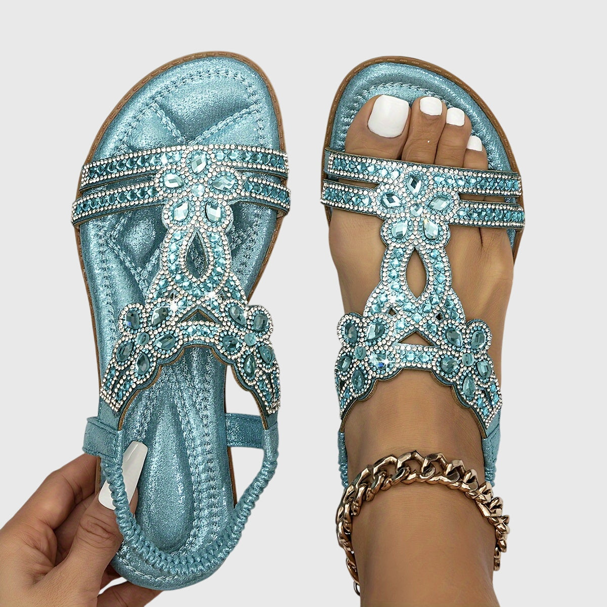 Rhinestone Embellished Boho Flat Sandal - Vacation Resort