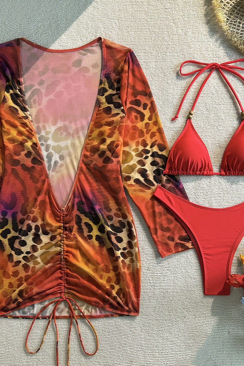 Sexy Red Leopard Three Piece Swim Set