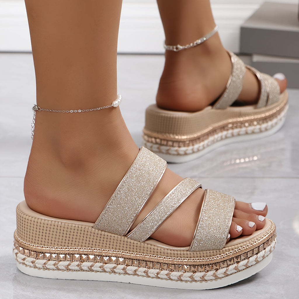 Glitter Multi Strap Velcro Studded Platform Wedge Sandal
