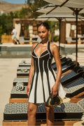Chic Black and White Halter Waist Cinching Bandage Vacation Mini Dress