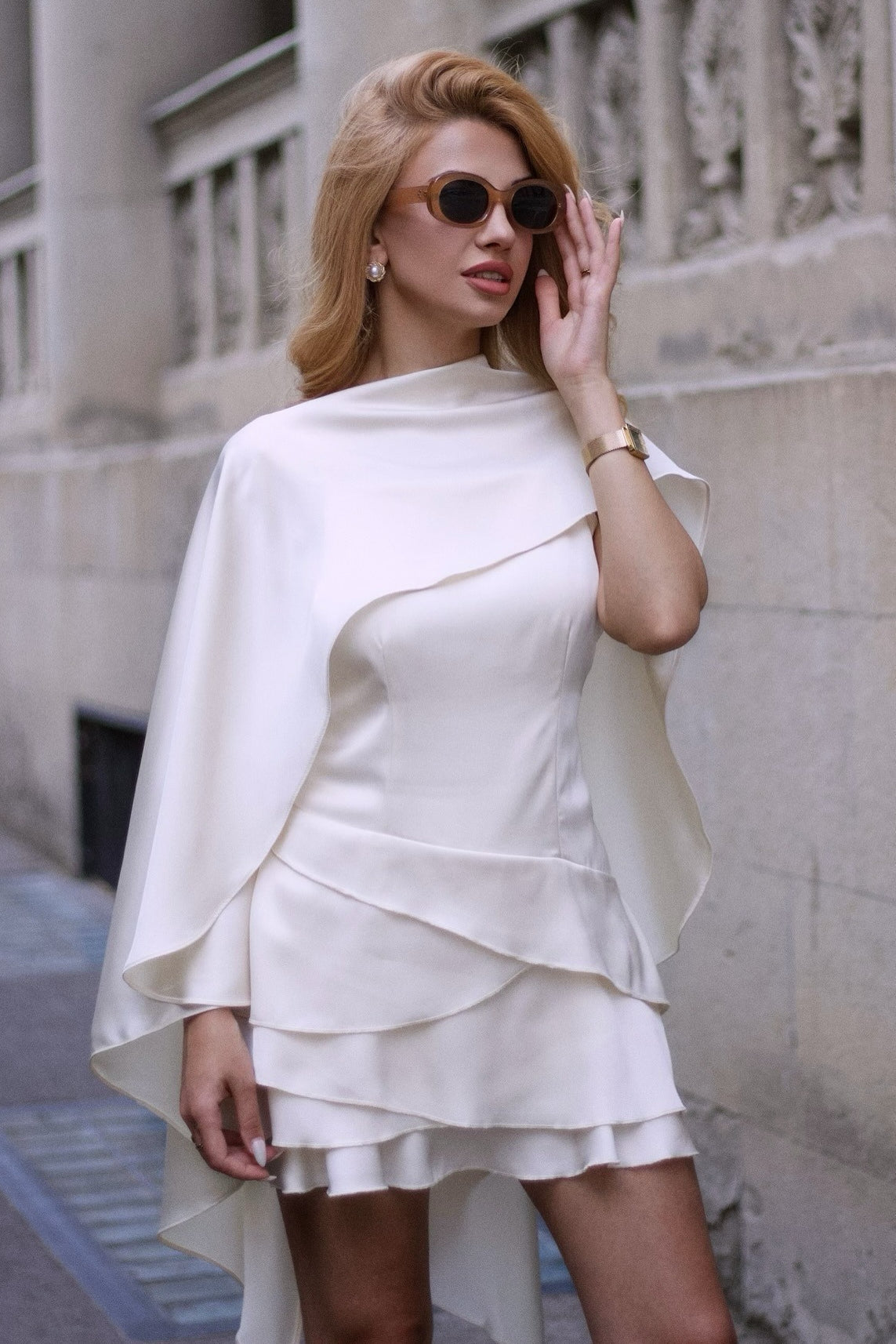 Satin Cape Ruffle Hem Mini Dress