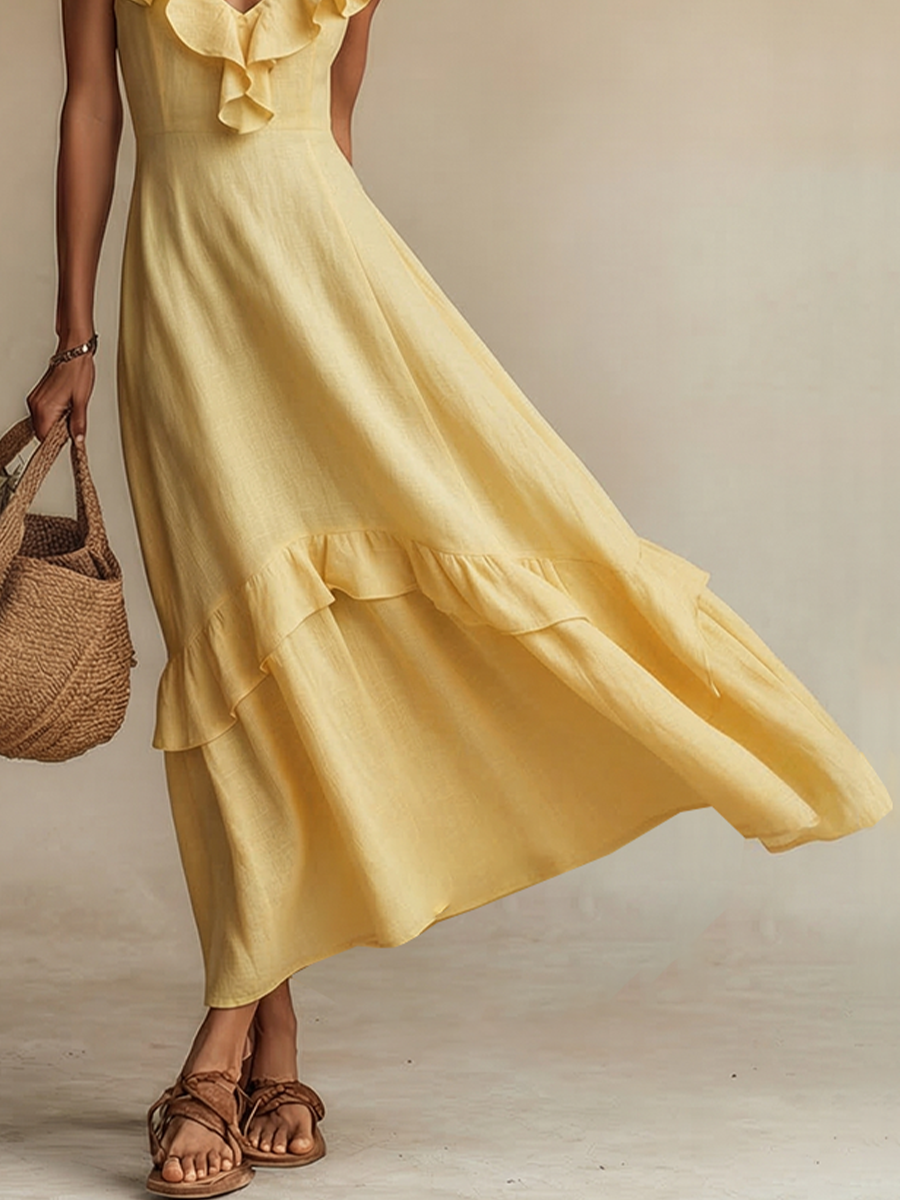 Ruffle V Neck Tiered Hem Sleeveless Linen Sundress