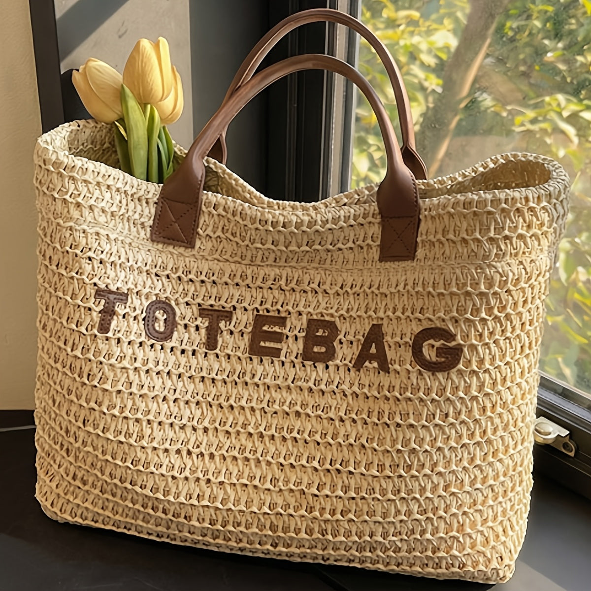 Large Woven Tote Bag with Leather Handles