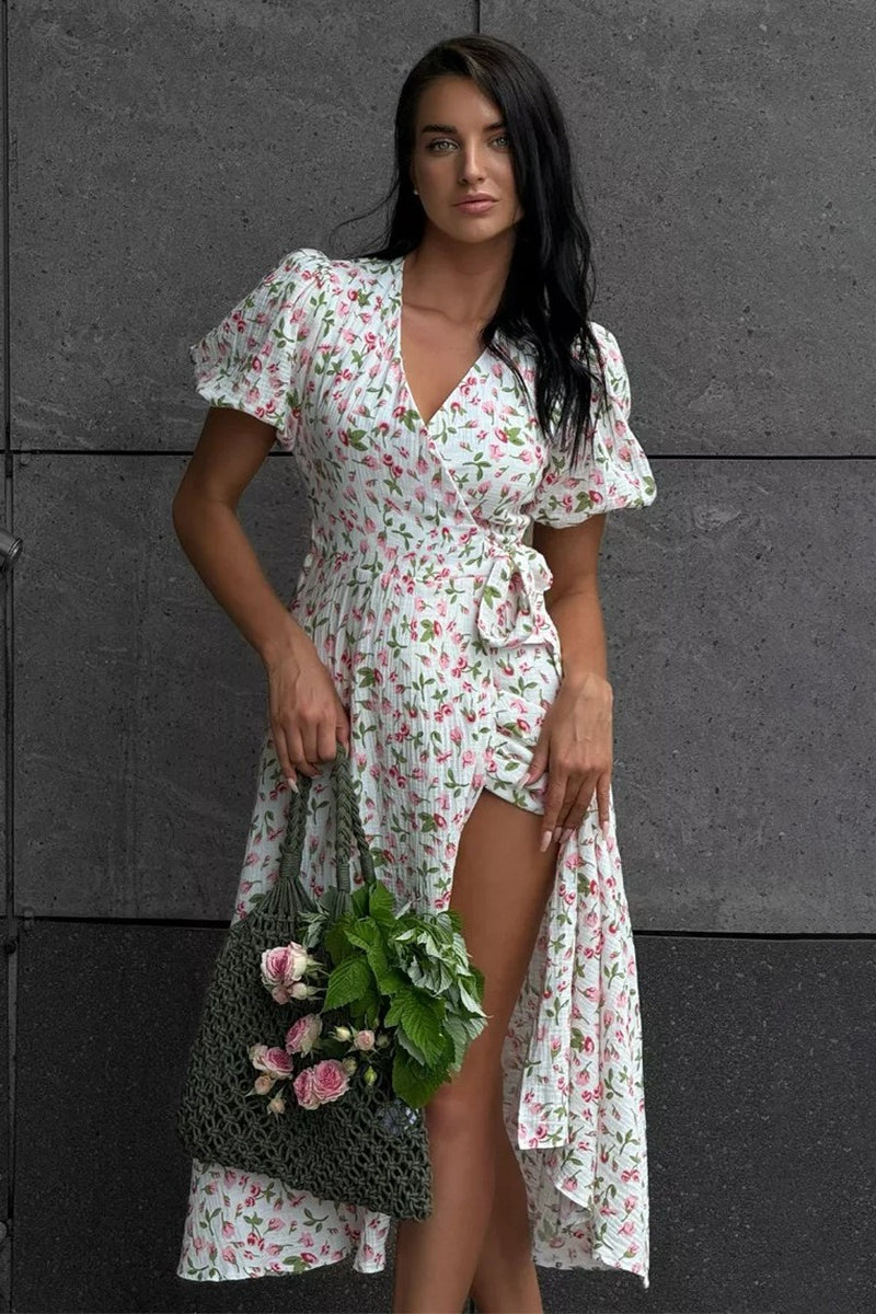 Printed Puff Sleeve Cotton Midi Dress