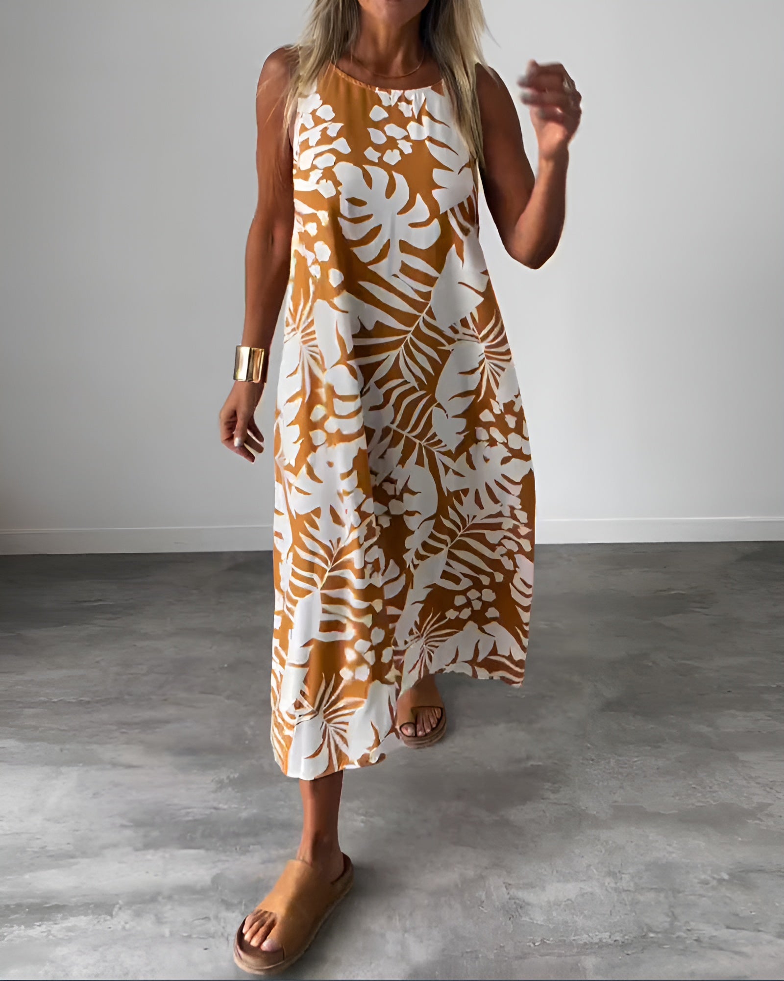 Tropical Leaf Print Halter Neck Sleeveless Swing Casual Maxi Dress