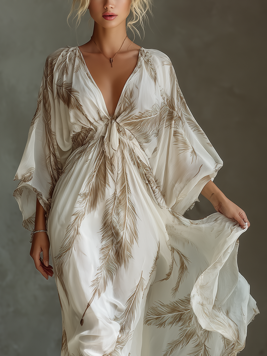 Feather Print Twist Front Batwing Sleeve Flowy Maxi Dress
