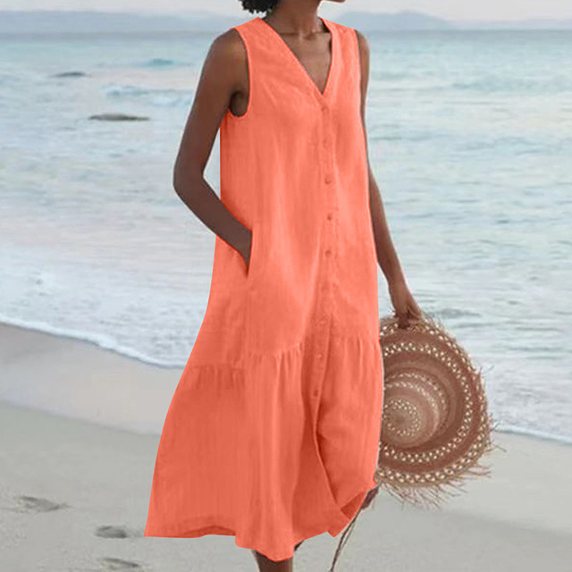 Button Front V Neck Sleeveless Ruffle Hem Casual Linen Midi Dress