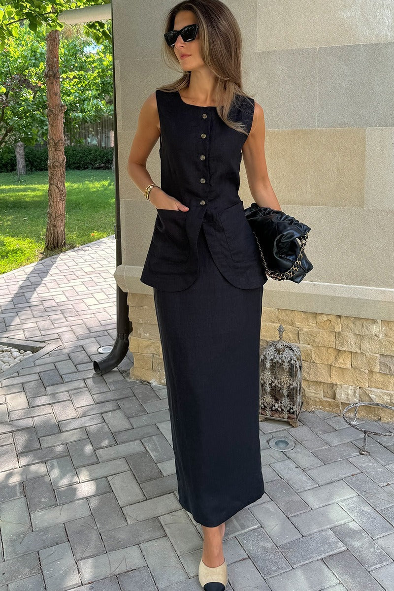 Simple Linen Vest High Waist Skirt Set