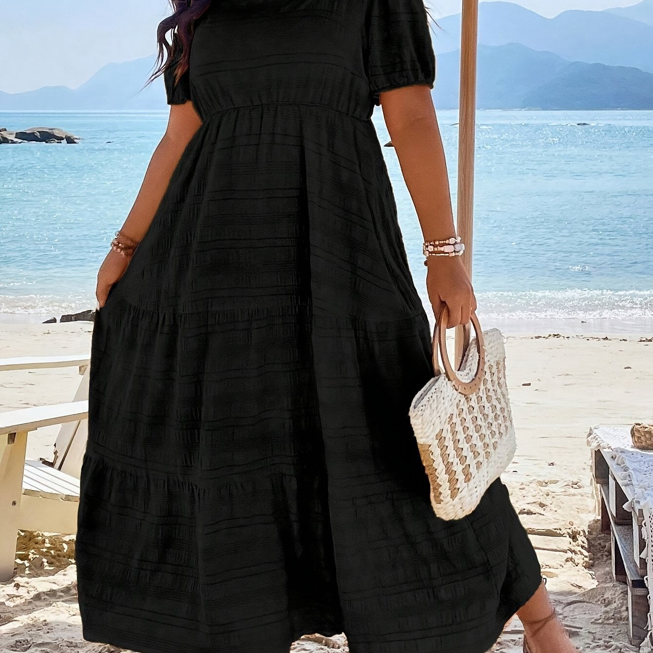 Plus Size Square Neck Puff Sleeve Maxi Dress