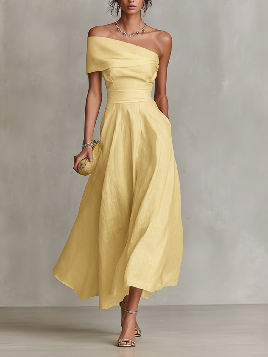 Ruched One Shoulder A Line Midi Dress - Wedding Guest
