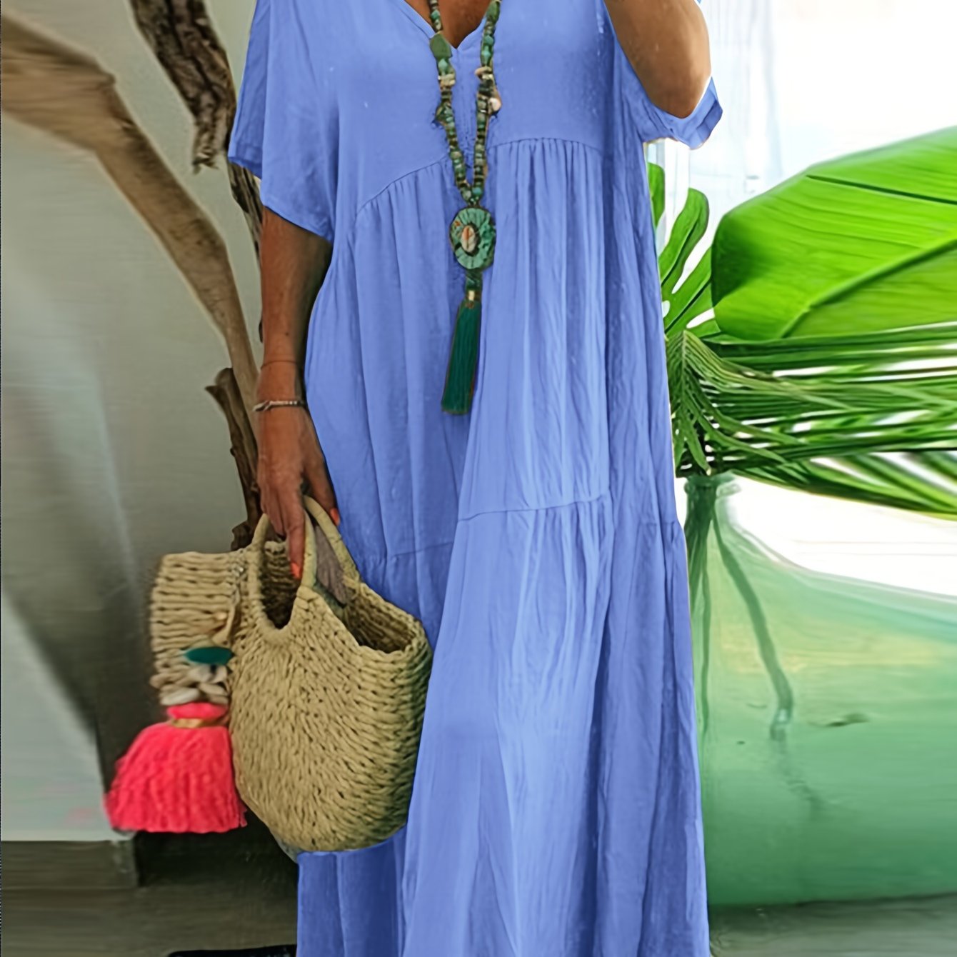 Flowy V Neck Tiered Cotton Maxi Dress for Plus Size