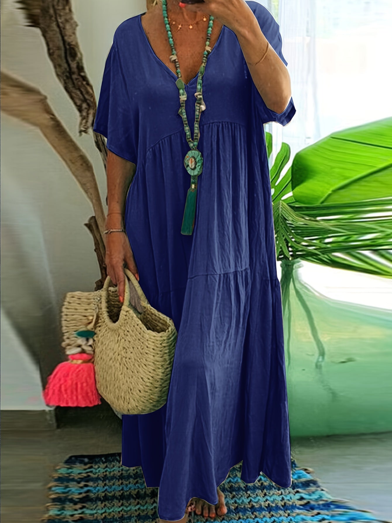 Flowy V Neck Tiered Cotton Maxi Dress for Plus Size