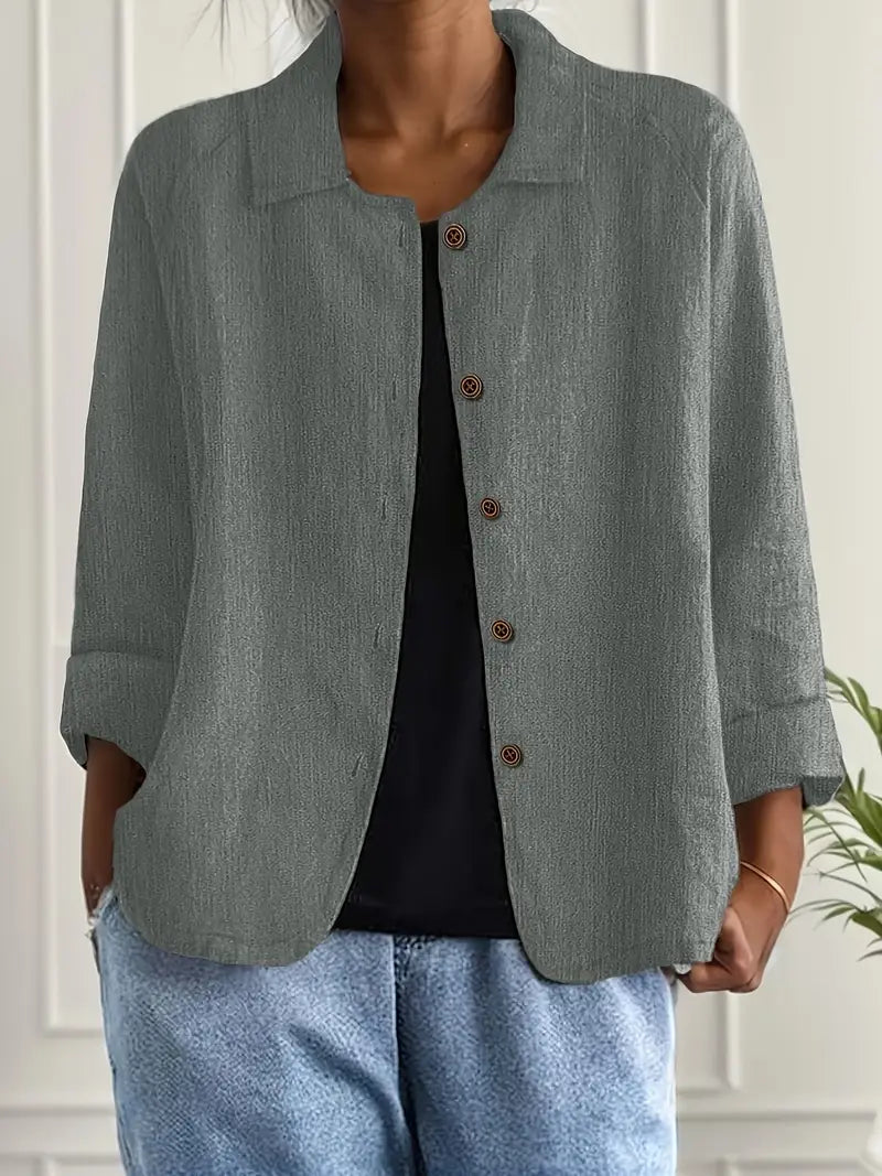 Textured Button Front Collared 3/4 Sleeve Linen Blazer