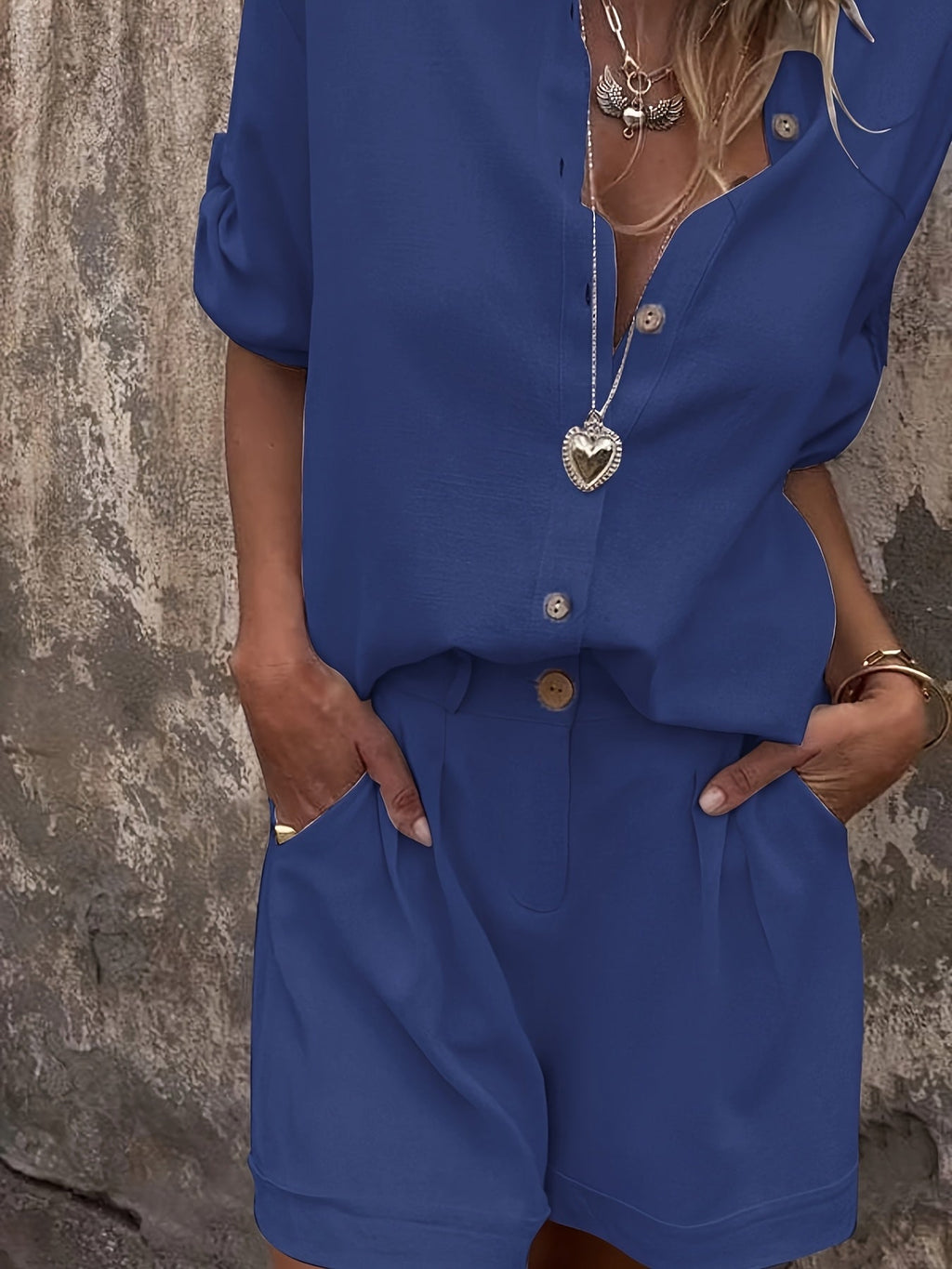 Shimmer Linen Collared Button Down Top and Short Set