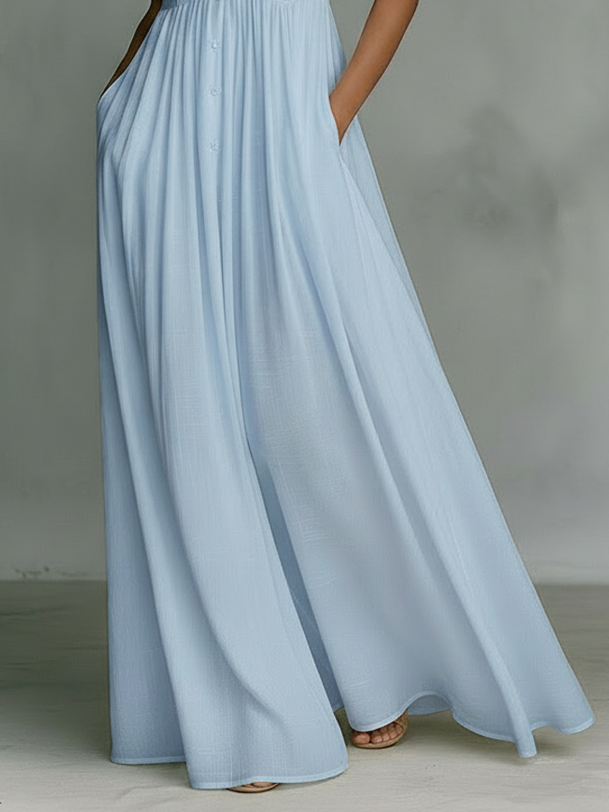 Pintuck Bib Stand Collar Sleeveless Flowy Maxi Dress