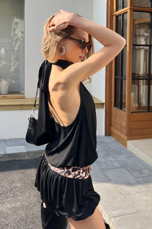 Cutout Back Halter Waist Tulip Hem Mini Dress