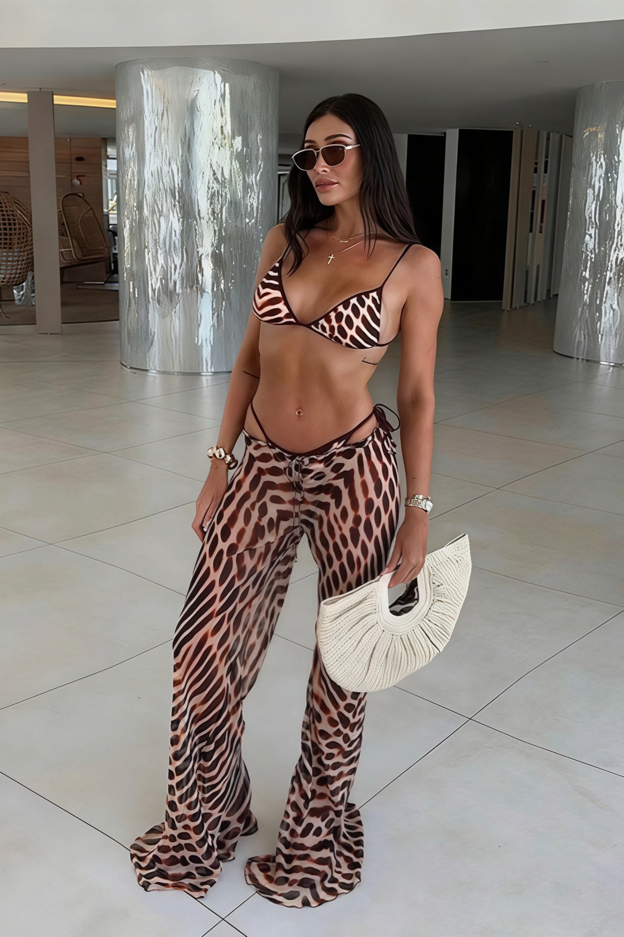 Leopard Mesh Pants Three Piece Swim Set