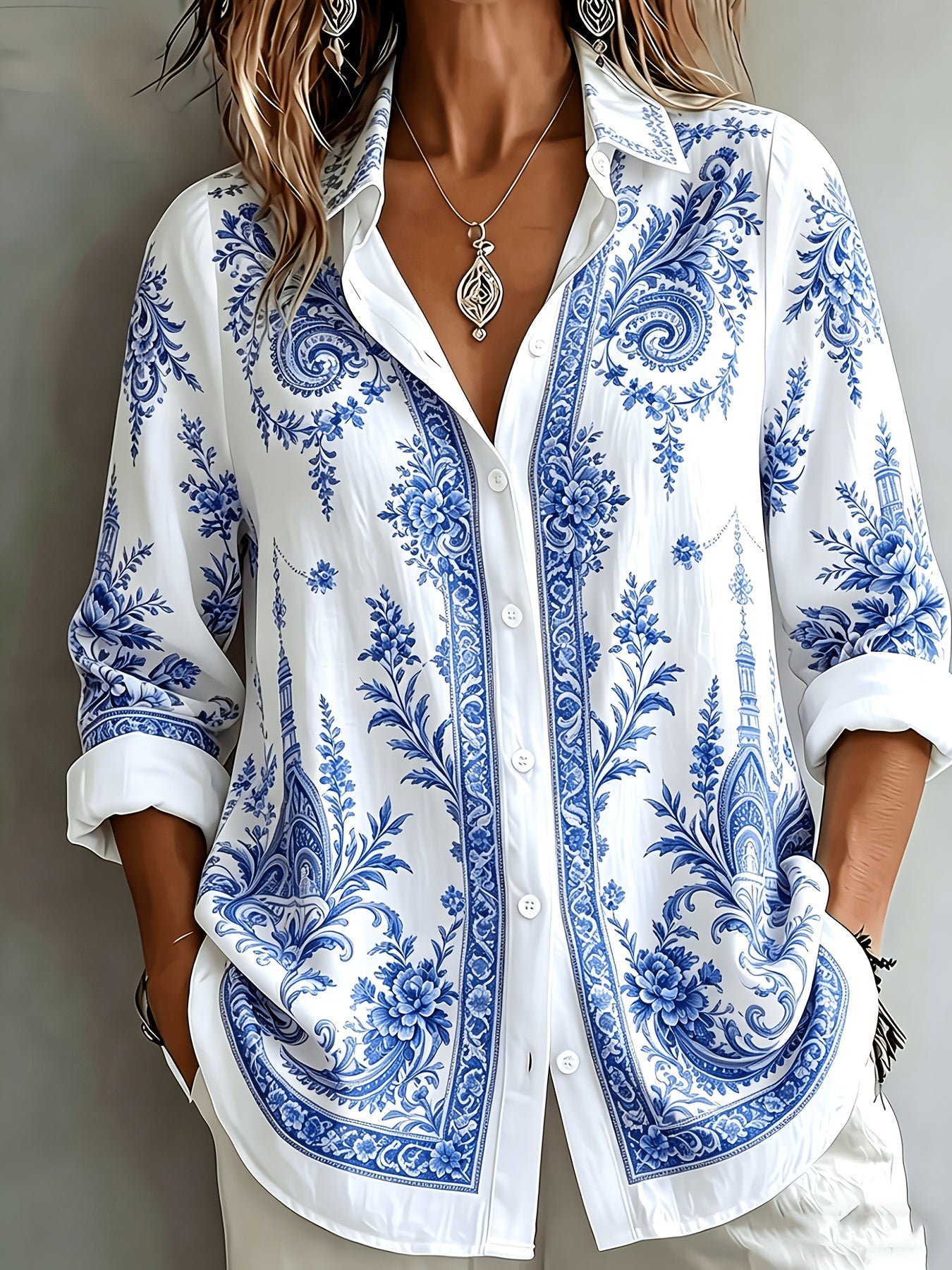 Floral Paisley Print Long Sleeve Oversized Casual Blouse