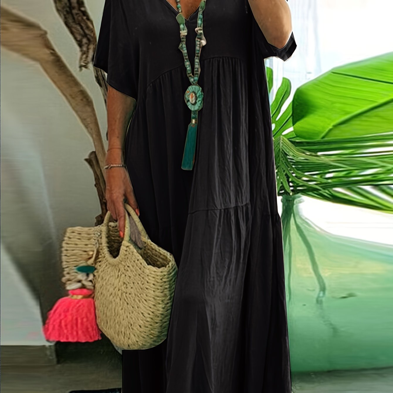 Flowy V Neck Tiered Cotton Maxi Dress for Plus Size