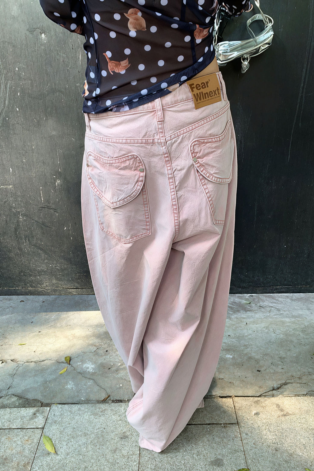 Pink Heart Pocket Loose Wide Leg Jeans