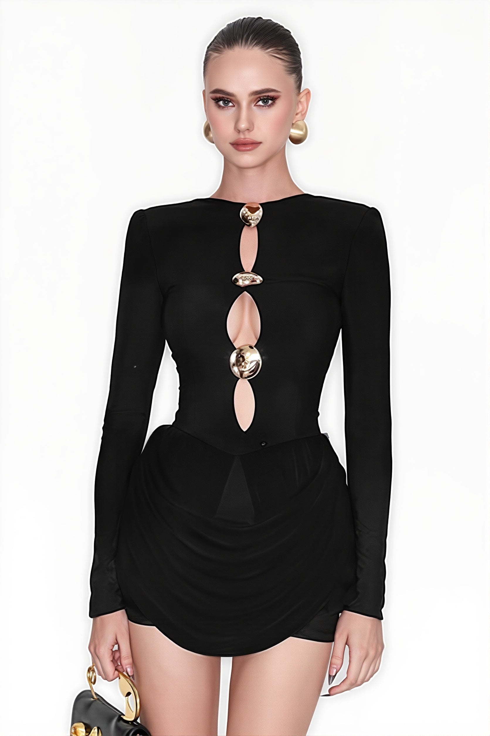 Slim Hollow Pleated Metal Trim Mini Dress