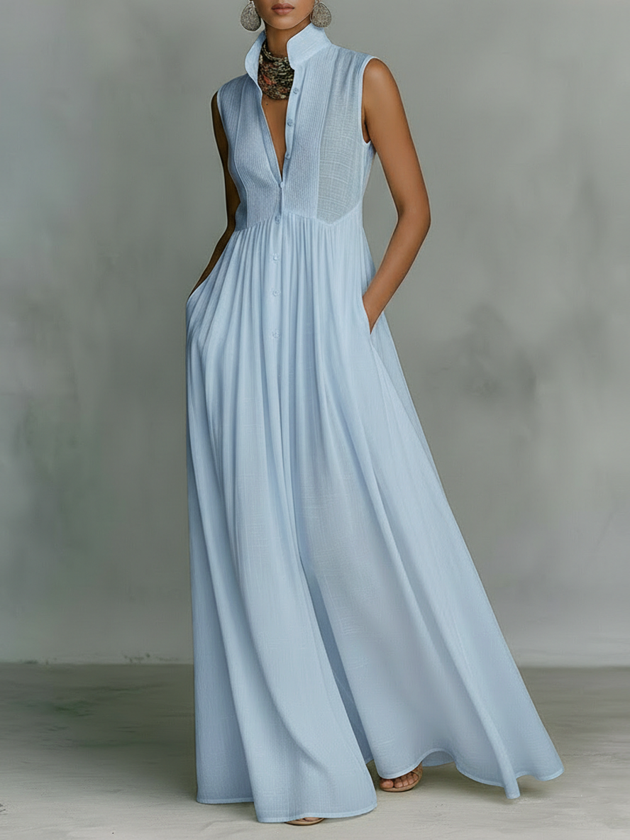 Pintuck Bib Stand Collar Sleeveless Flowy Maxi Dress