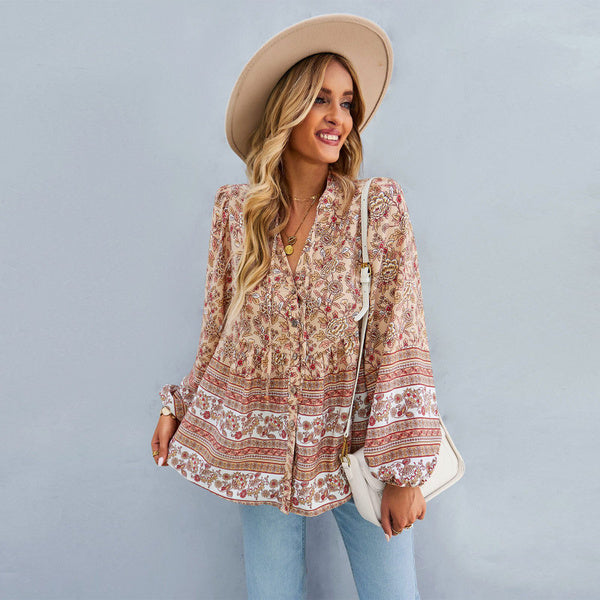 Flower Pattern Button-Up Extended Sleeve Bohemian Blouse