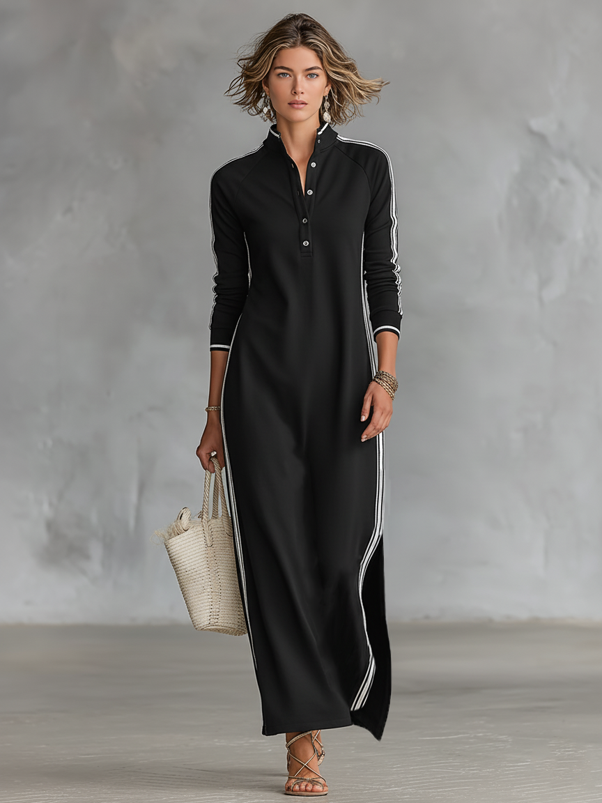 Contrast Trim Stand Collar Long Sleeve Casual Maxi Dress