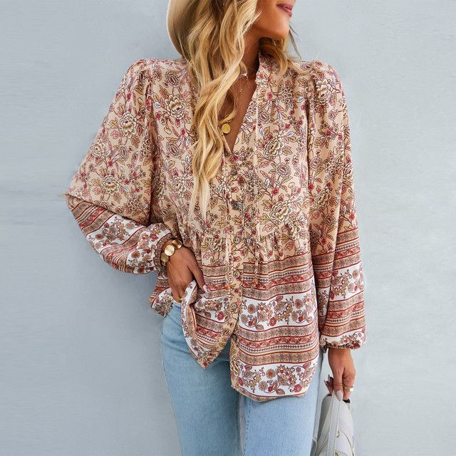 Flower Pattern Button-Up Extended Sleeve Bohemian Blouse